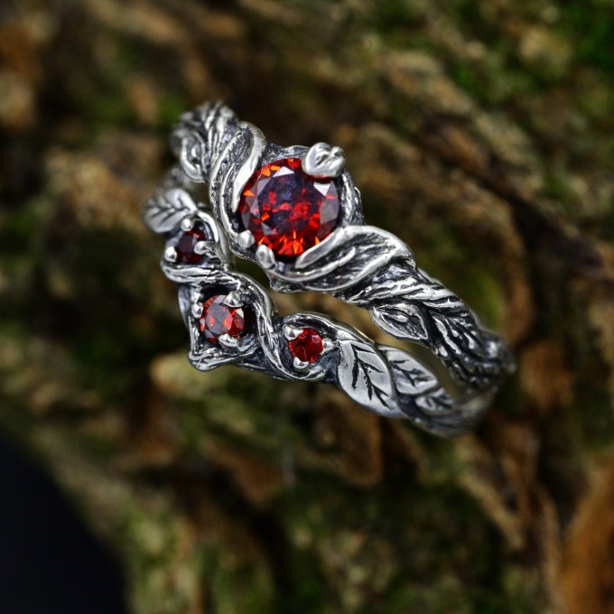 Infernal Bloom: Gothic Sterling Silver Ring with Garnet Accents