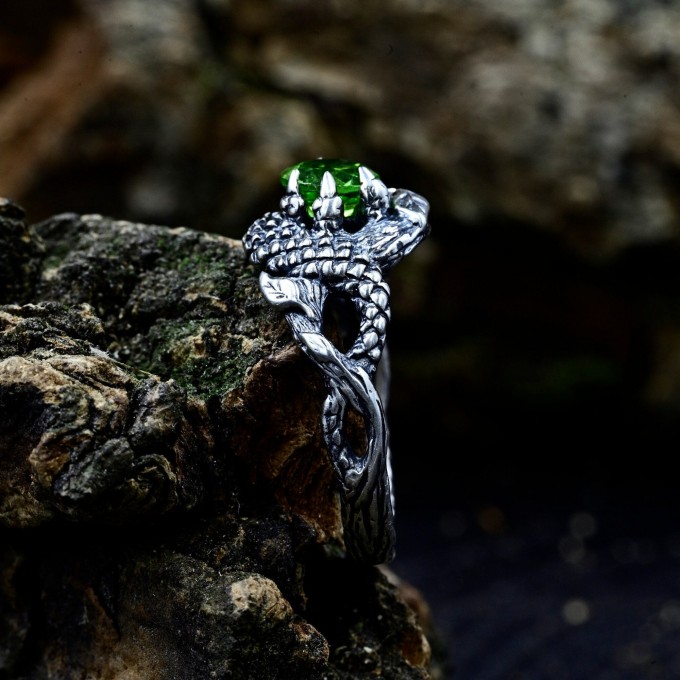 Gothic Dragon Ring with Enchanted Peridot Gemstone.