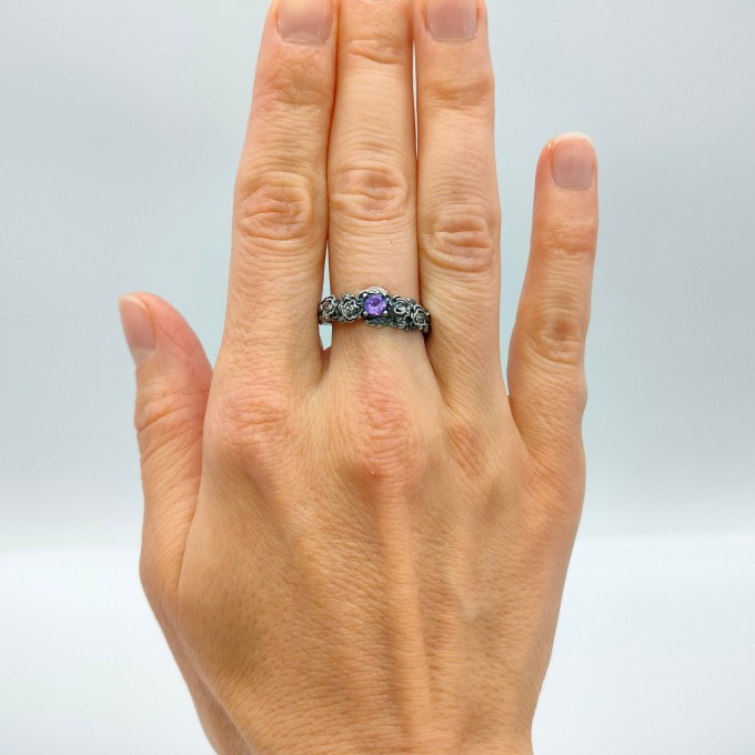 Wisteria Crown: Gothic Sterling Silver Ring with a Radiant Amethyst