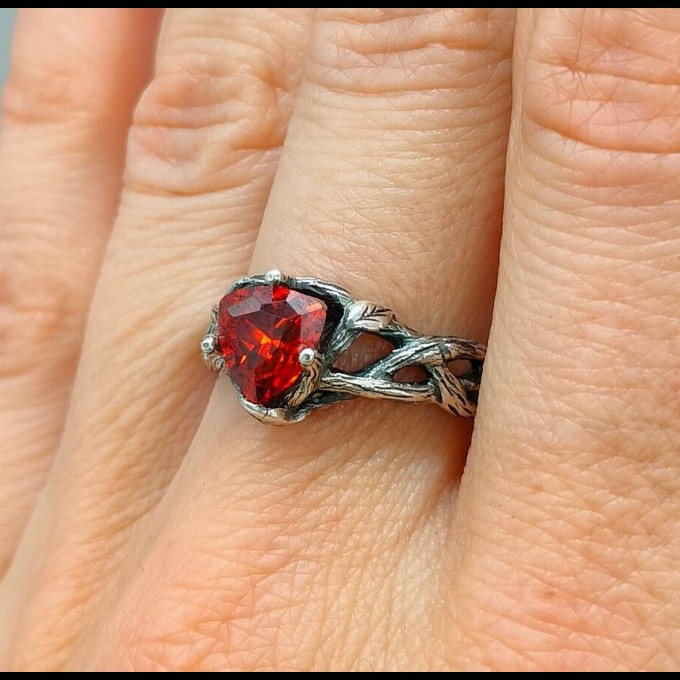 Gothic Garnet Ring with Intricate Flame Motif