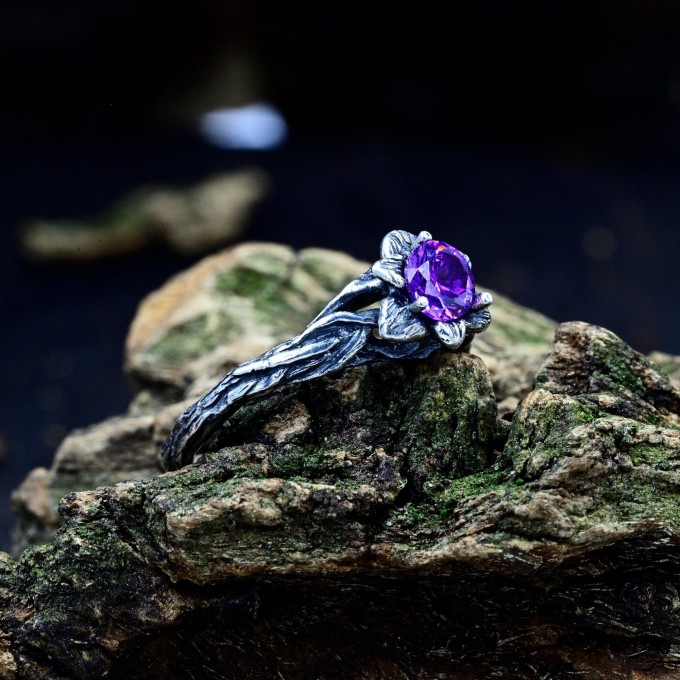 Gothic Amethyst Ring with Intricate Floral Design