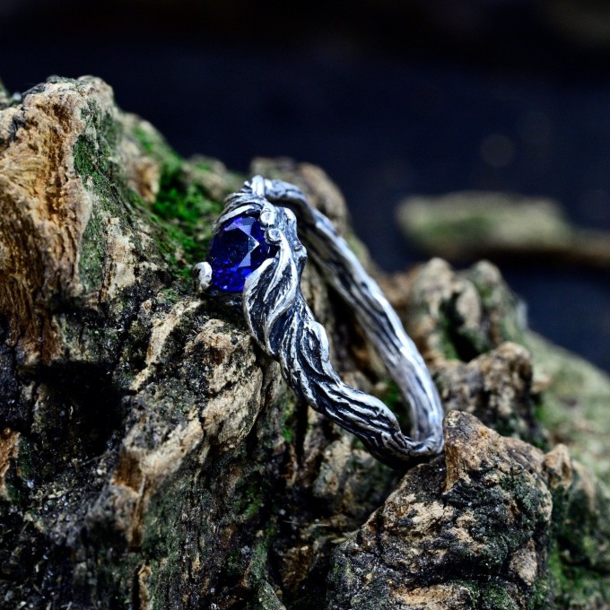 Waves of Eternity: Gothic Sterling Silver Ring with Royal Sapphire