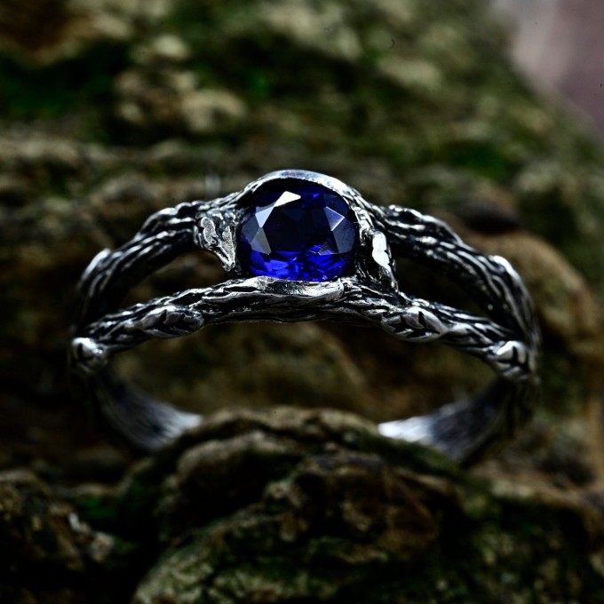 Twilight Veil: Gothic Sterling Silver Ring with Deep Sapphire