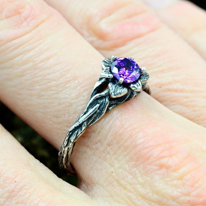 Gothic Amethyst Ring with Intricate Floral Design