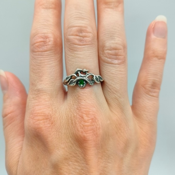 Gothic Silver Ring with Mushrooms and Emerald Design