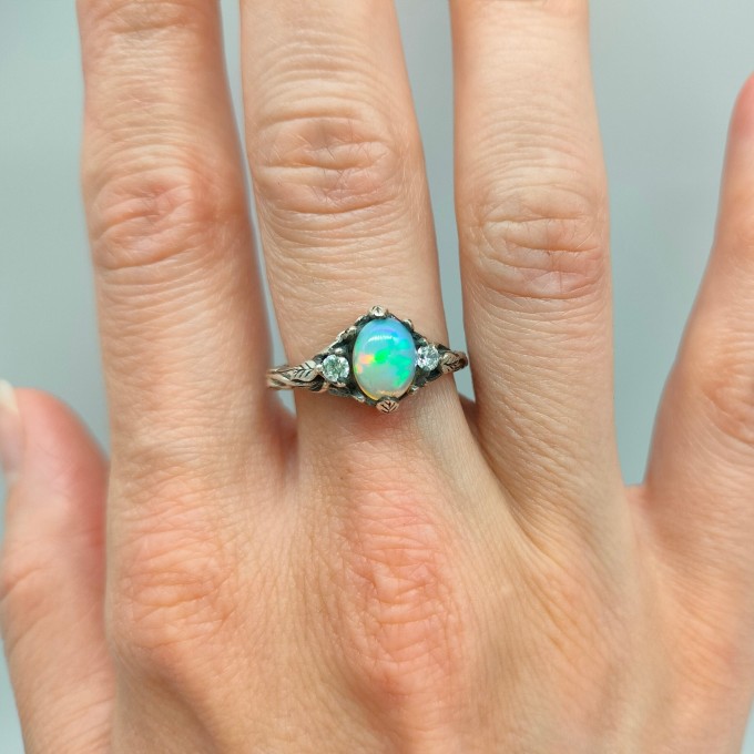 Gothic Silver Ring with a Mystical Opal
