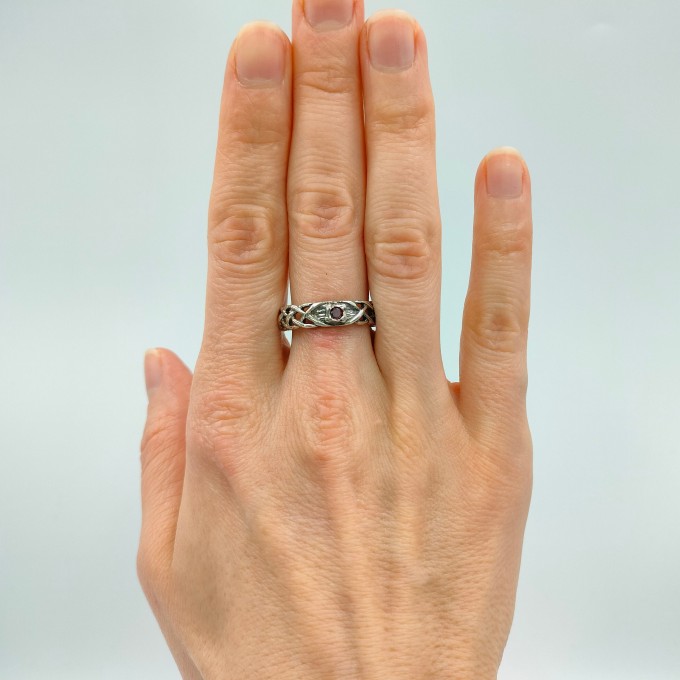 Gothic Silver Ring Embellished with Blood Red Garne