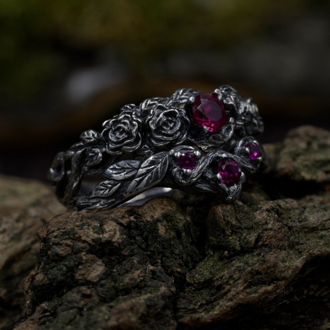Gothic Silver Ring with Clustered Ruby Accents