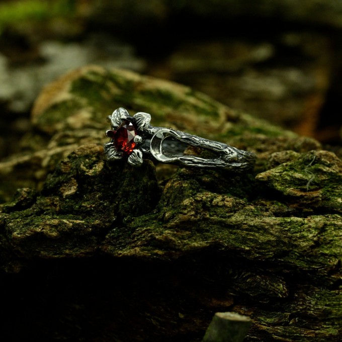 Gothic Floral Ring with Garnet Centerpiece