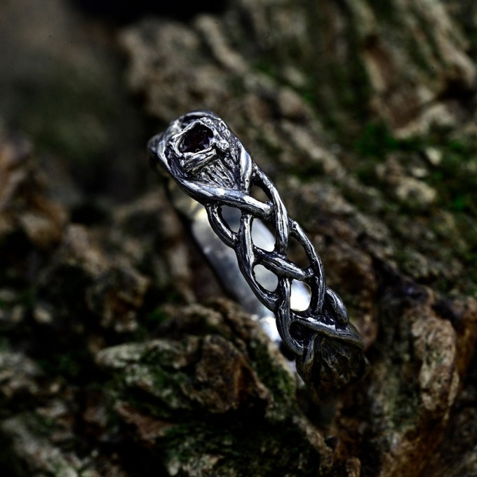Gothic Silver Ring Embellished with Blood Red Garne