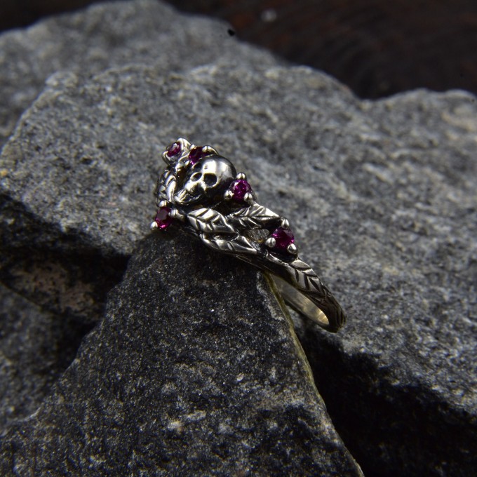 Gothic Ruby Ring with Skull Motif and Bold Design 