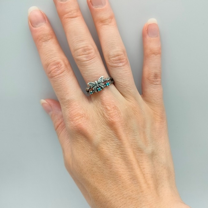 Elegant Gothic Butterfly Ring with Aquamarines