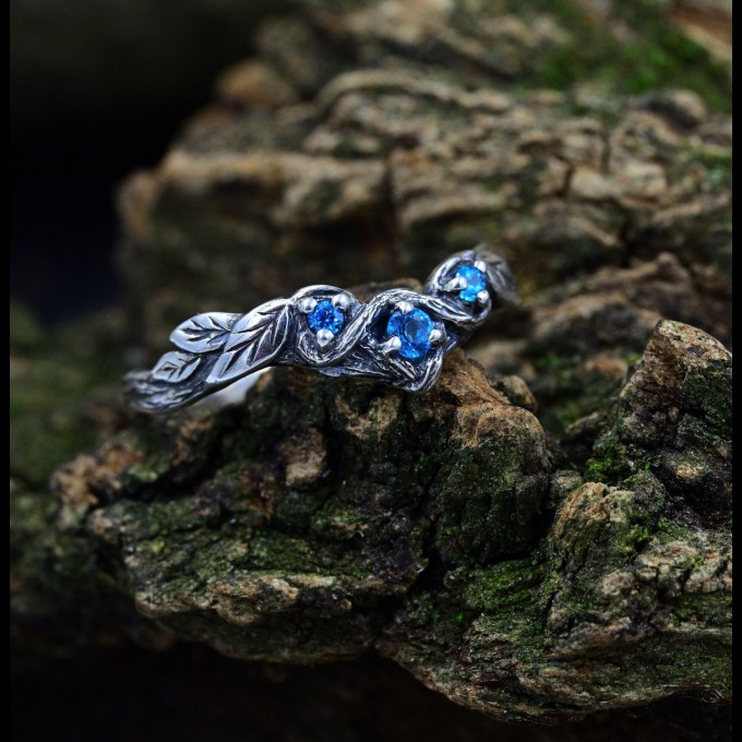 Gothic Silver Ring with Blue Topaz and Nature Design