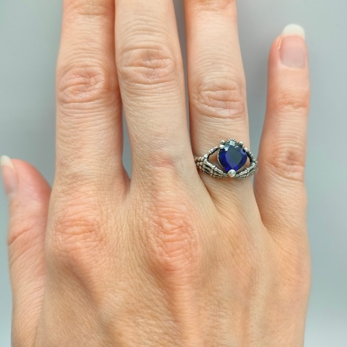 Gothic Silver Ring with Deep Blue Sapphire – Dark Elegance