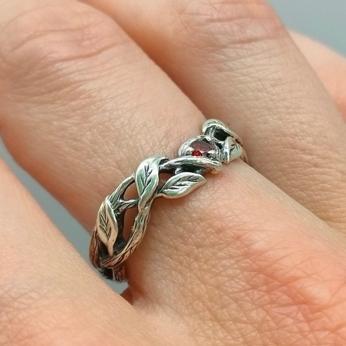 Gothic Garnet Ring with Twisting Vine Motif
