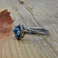 Artisan Twisted Twig Engagement Ring with Blue Aquamarine Stone for Women, Perfect Valentine's Day Tree Bark Promise Ring with Leaf