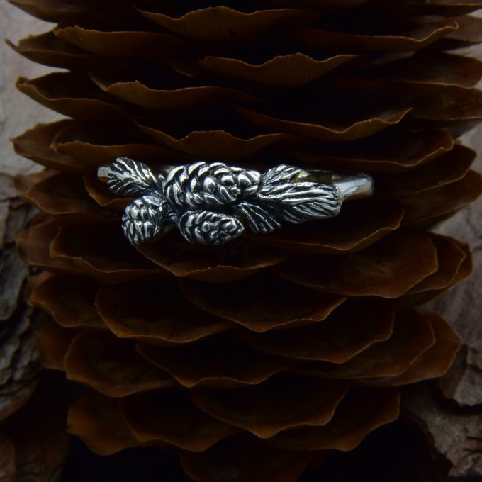 Silver Pinecone Ring with Forest Motif