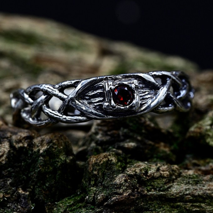 Gothic Silver Ring Embellished with Blood Red Garne