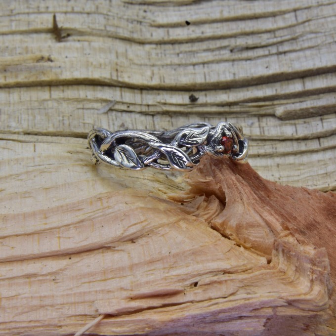 Gothic Garnet Ring with Twisting Vine Motif
