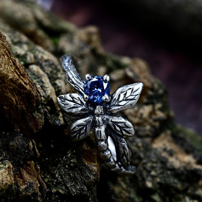 Gothic Silver Ring with Dragonfly and Blue Topaz