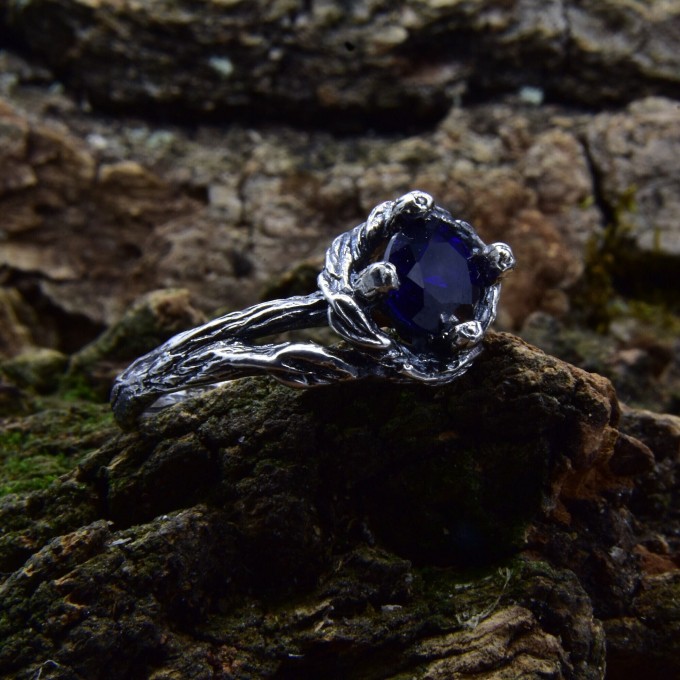 Celestial Grace: Gothic Sterling Silver Ring with Deep Blue Sapphire