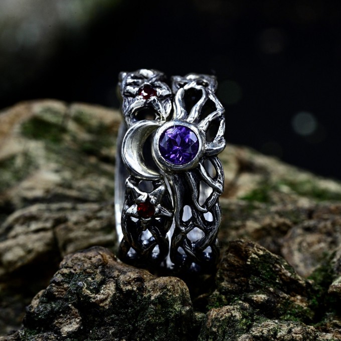 Celestial Amethyst Silver Ring with Garnet Accents