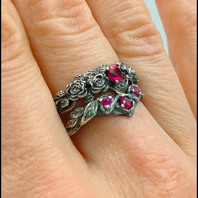 Gothic Silver Ring with Clustered Ruby Accents