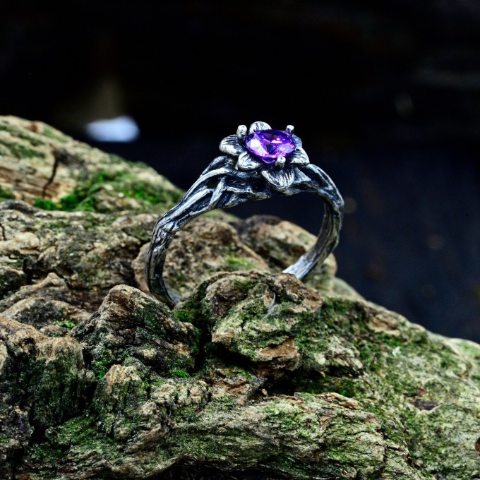 Gothic Amethyst Ring with Intricate Floral Design