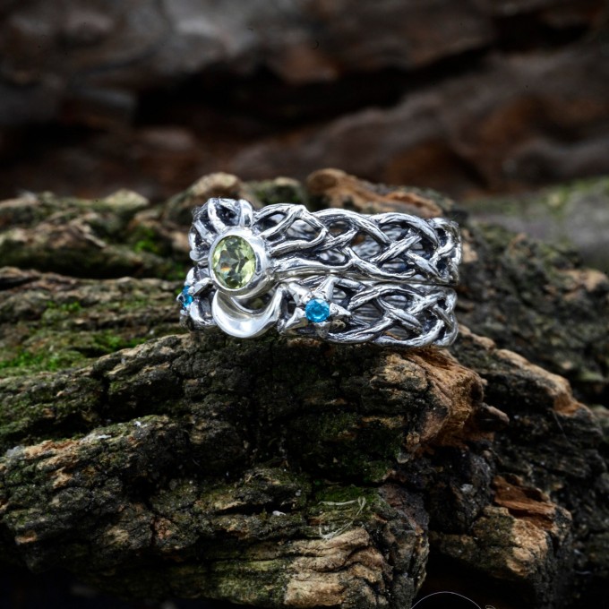 Gothic Peridot and Aquamarine Ring Set with Enchanted Nature Design