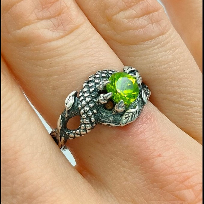 Gothic Dragon Ring with Enchanted Peridot Gemstone.