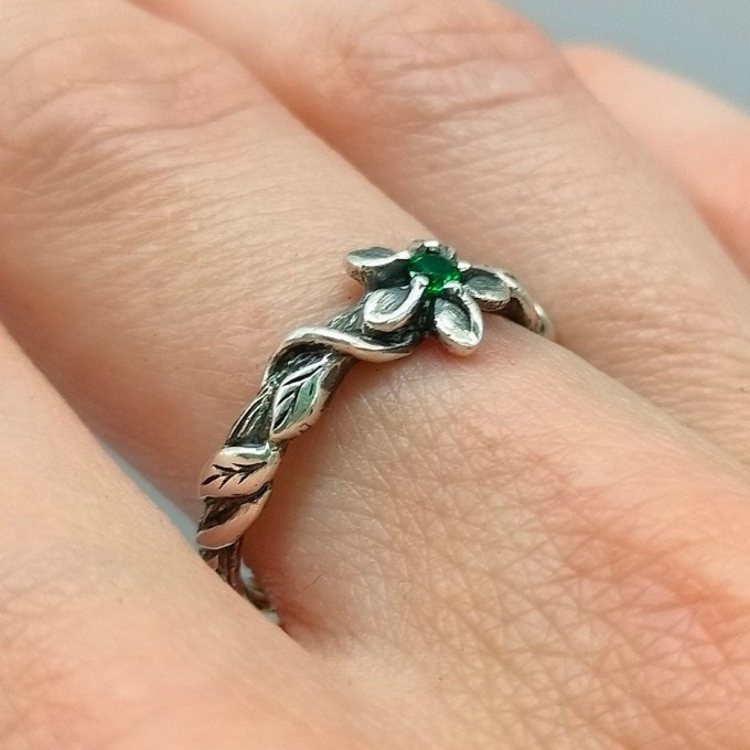 Delicate Braided Twig Engagement Ring – Nature Floral Oxidized Emerald Wedding Jewelry