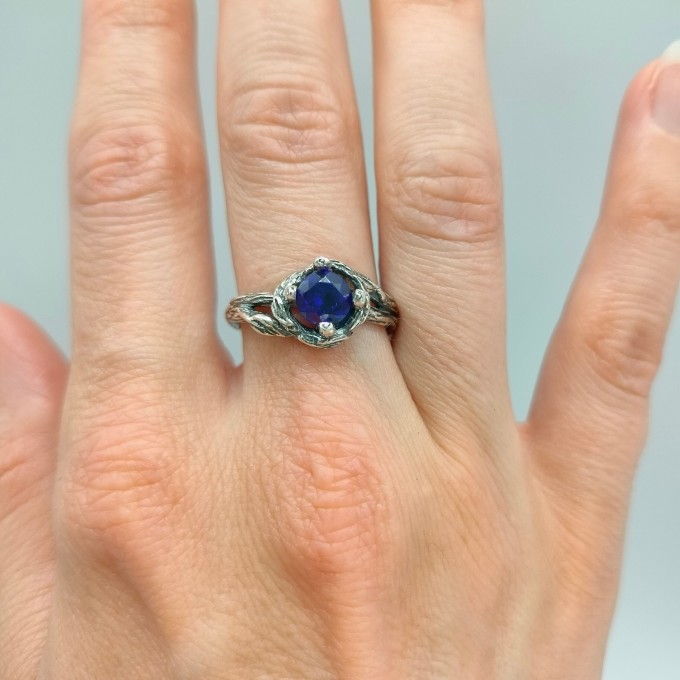 Celestial Grace: Gothic Sterling Silver Ring with Deep Blue Sapphire