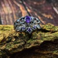Captivating Gothic Silver Ring with Amethyst and Floral Elegance