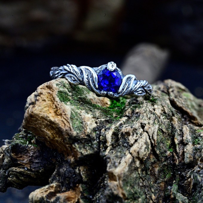 Gothic Sapphire Ring with Enchanted Twisting Motif