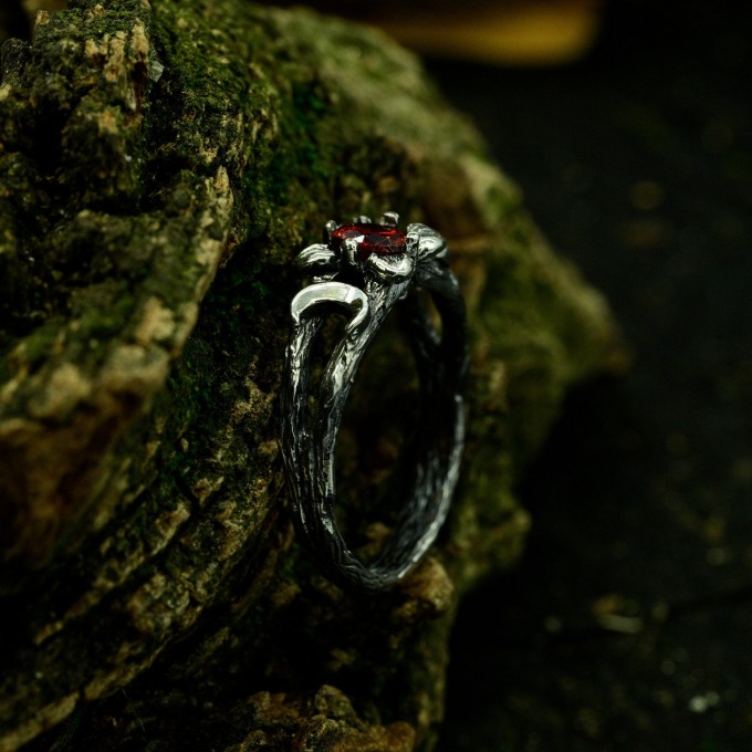 Gothic Floral Ring with Garnet Centerpiece