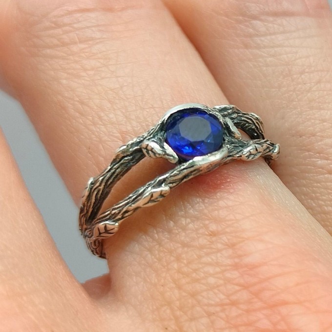 Twilight Veil: Gothic Sterling Silver Ring with Deep Sapphire