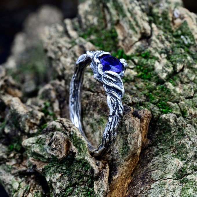 Waves of Eternity: Gothic Sterling Silver Ring with Royal Sapphire