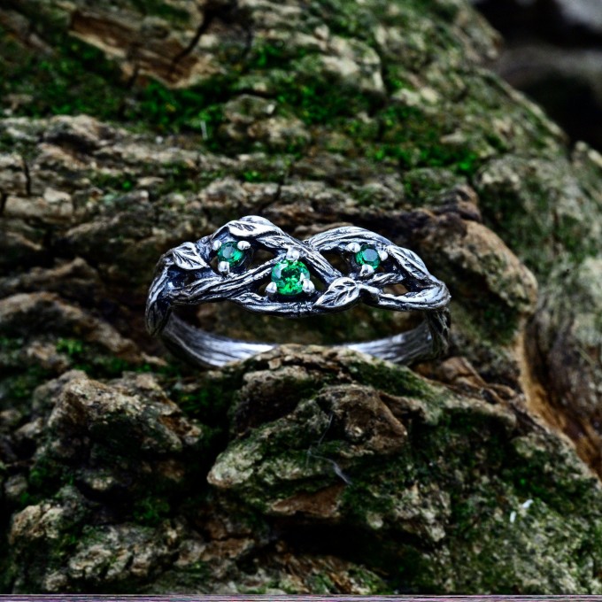 Guardian’s Vine: Gothic Sterling Silver Ring with Emerald Accents