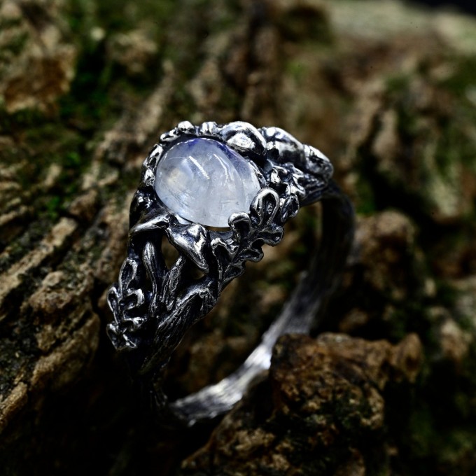 Gothic Moonstone Ring with Intricate Forest Design
