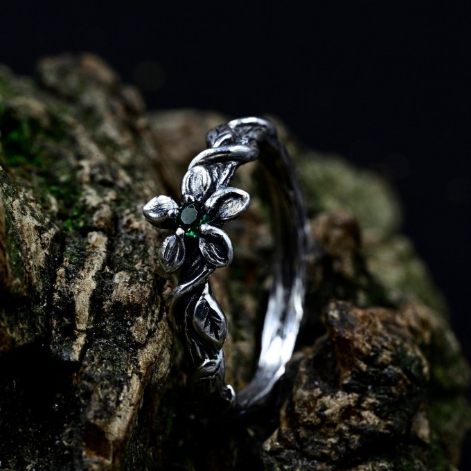 Delicate Braided Twig Engagement Ring – Nature Floral Oxidized Emerald Wedding Jewelry