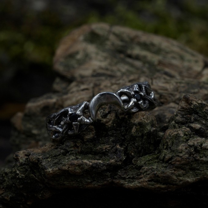 Crescent Moon Gothic Ring with Intricate Woven Band