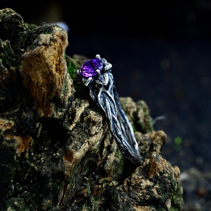 Gothic Amethyst Ring with Intricate Floral Design