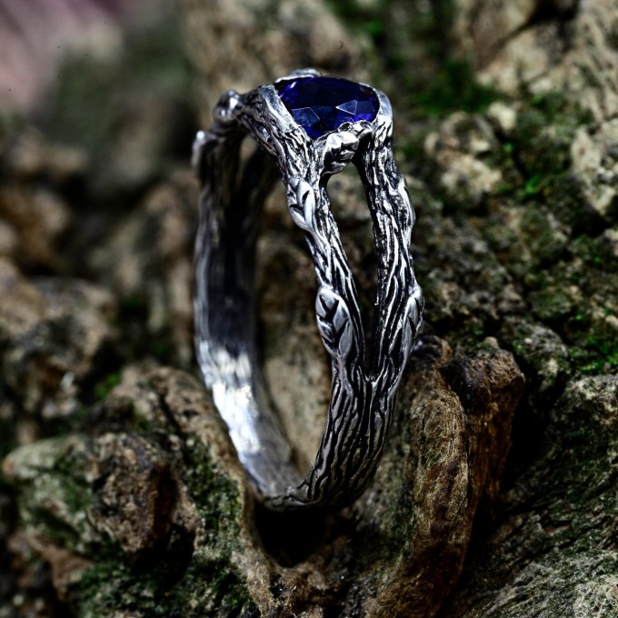 Twilight Veil: Gothic Sterling Silver Ring with Deep Sapphire