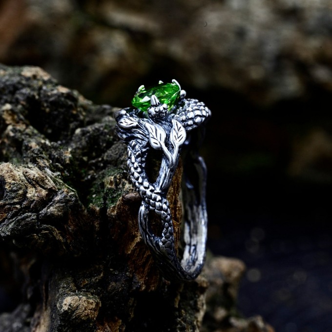 Gothic Dragon Ring with Enchanted Peridot Gemstone.