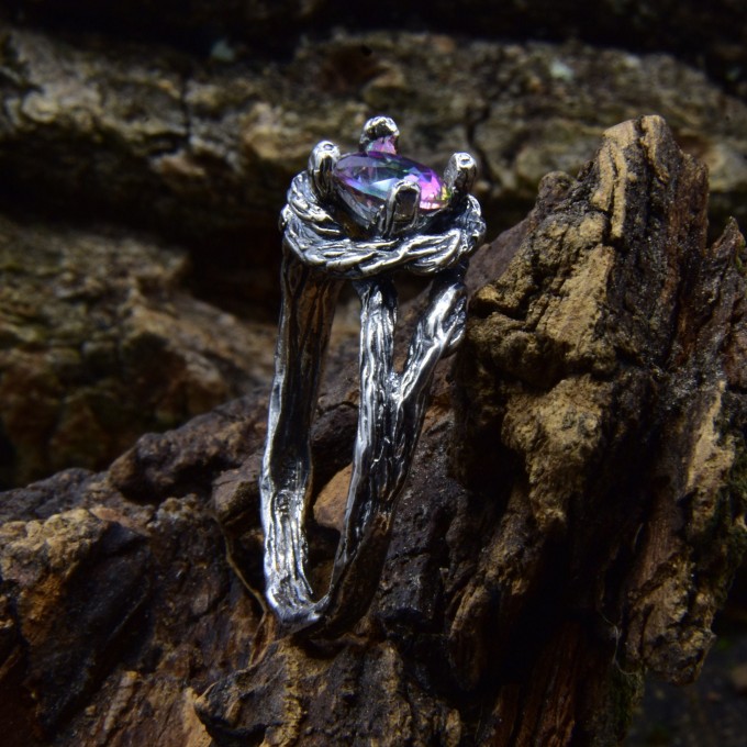 Gothic Nature-Inspired Ring with Mystic Topaz|Unique Gothic Dark Engagement Ring 