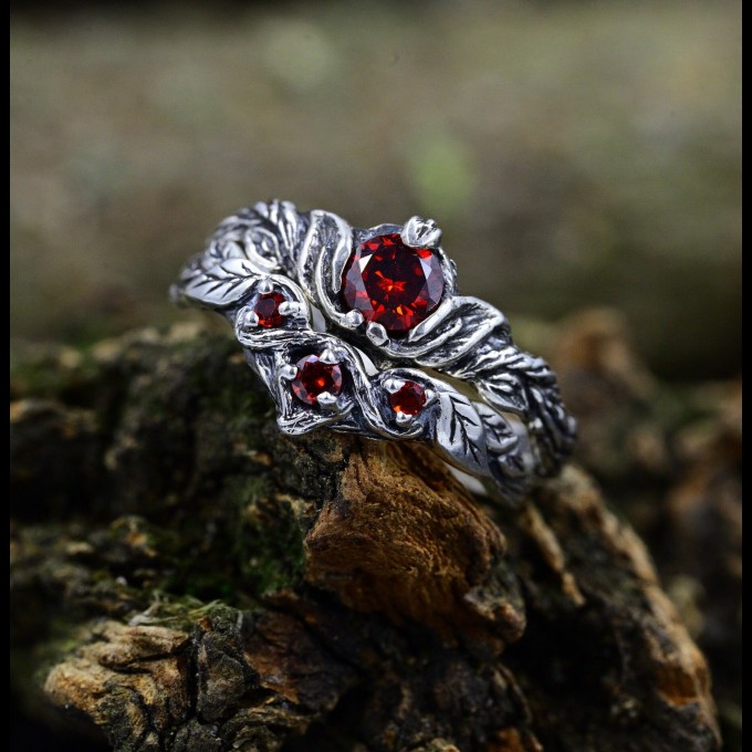 Infernal Bloom: Gothic Sterling Silver Ring with Garnet Accents