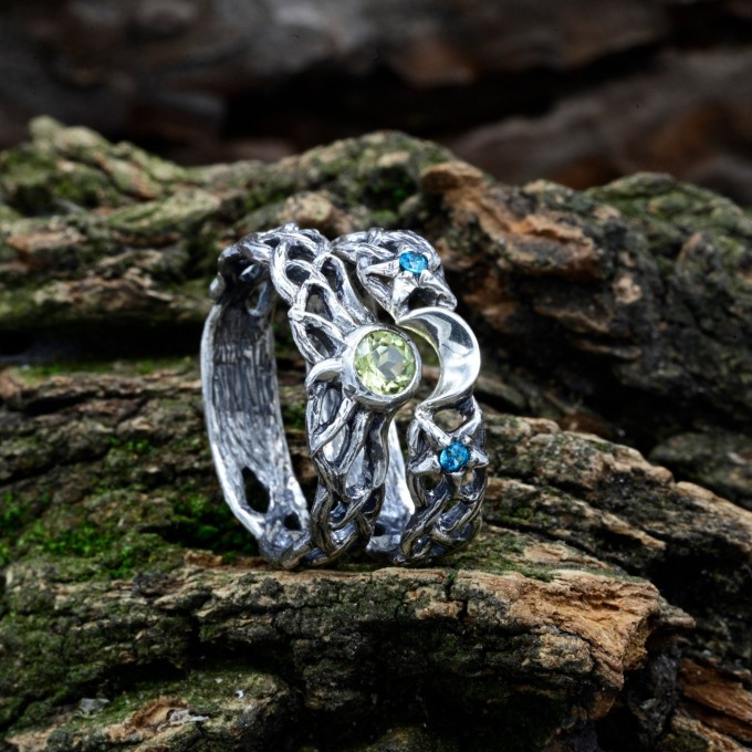 Gothic Peridot and Aquamarine Ring Set with Enchanted Nature Design