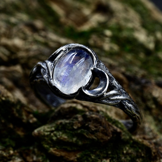 Gothic Moonstone Ring with Elegant Swirling Design