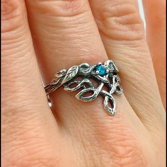 Forest Chevron Twig and Leaf Ring with Peridot for Engagement
