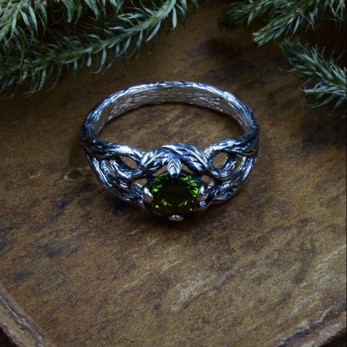 Nature-Inspired Gothic Ring with Bright Olivine